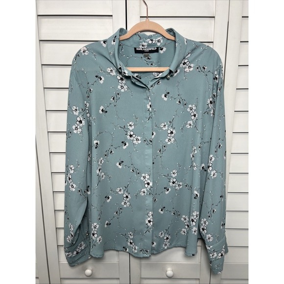 Karl Lagerfeld Floral Long Sleeve Pearl Detail Button Down Top Size 1X - Picture 1 of 8